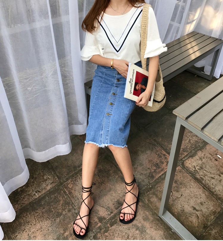 Button-denim long skirt Women's style Casual H-