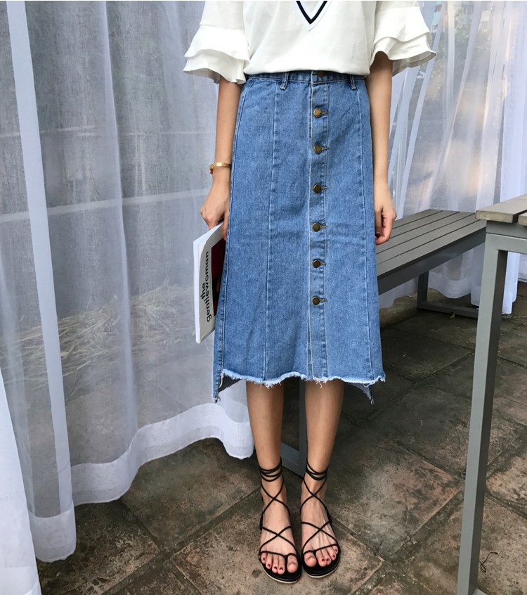 Button-denim long skirt Women's style Casual H-