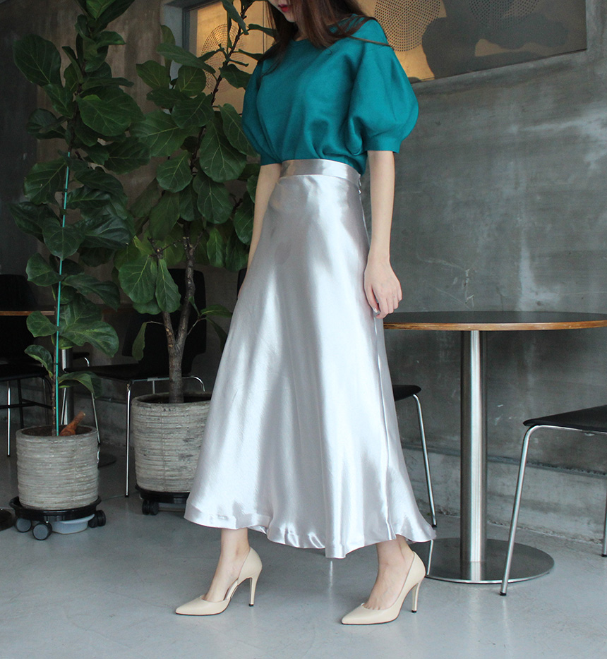 Silk Satin Flare Long Skirt Blue, Silver, Hepburn 