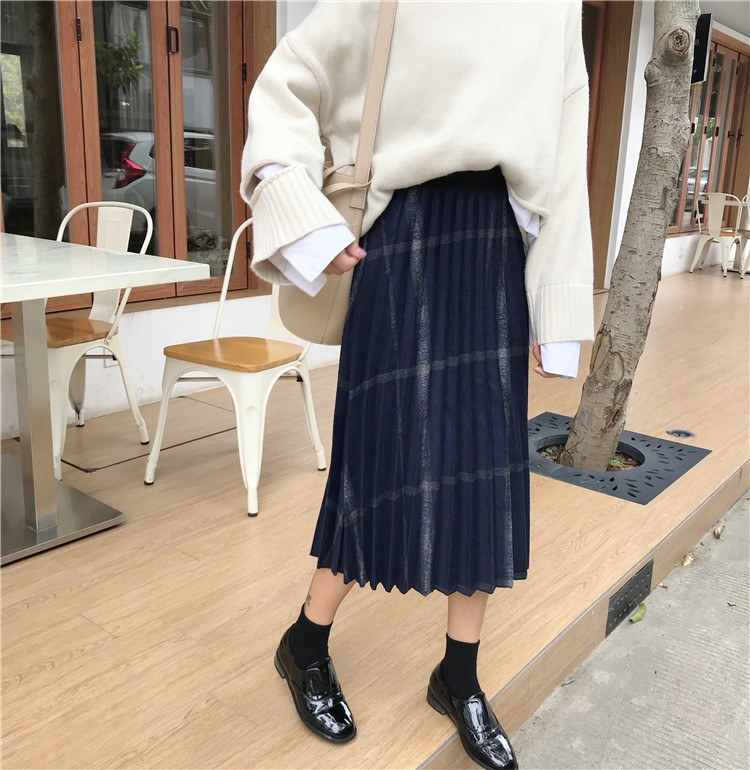 Check Banding Long Wool Pleated Pleated Skirt 2col