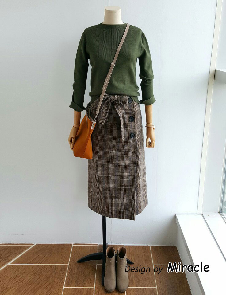 Wang Button Strap Belt Check Long Skirt 2color woo