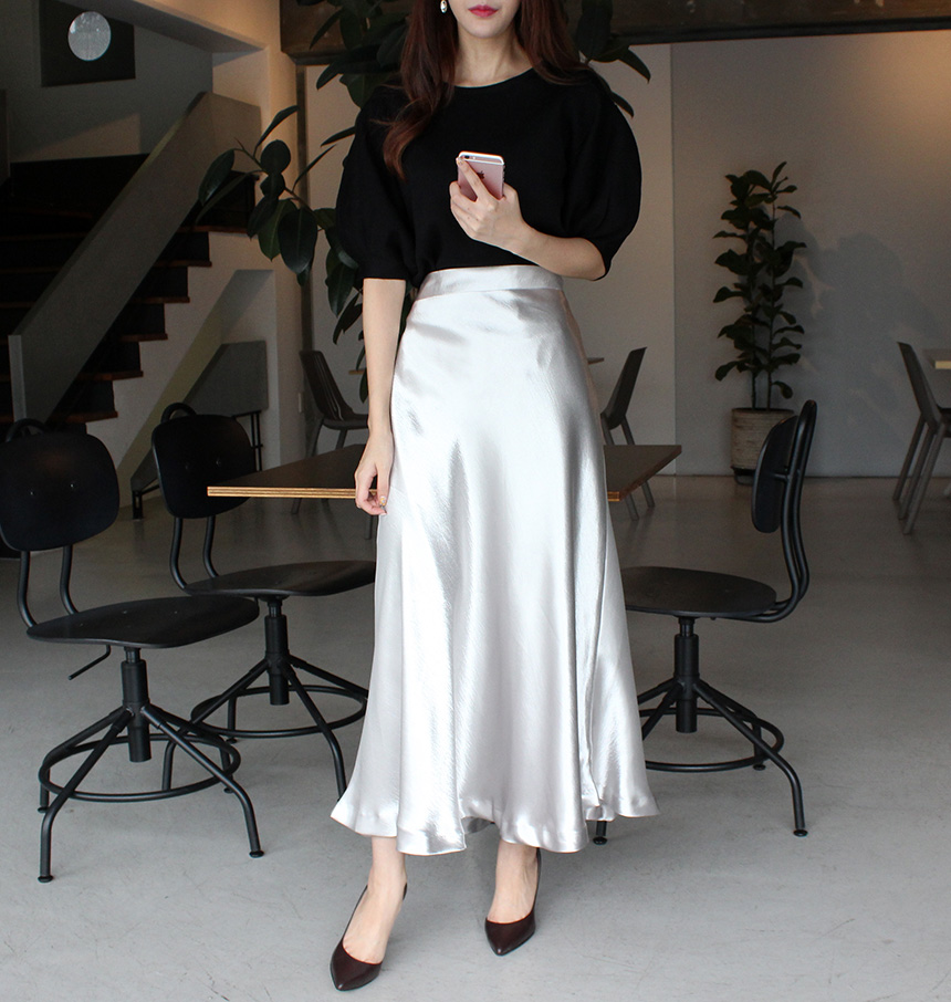 Silk Satin Flare Long Skirt Blue, Silver, Hepburn 