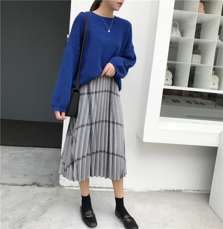 Check Banding Long Wool Pleated Pleated Skirt 2col