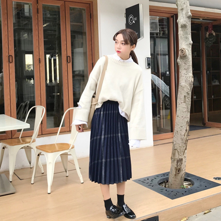 Check Banding Long Wool Pleated Pleated Skirt 2col