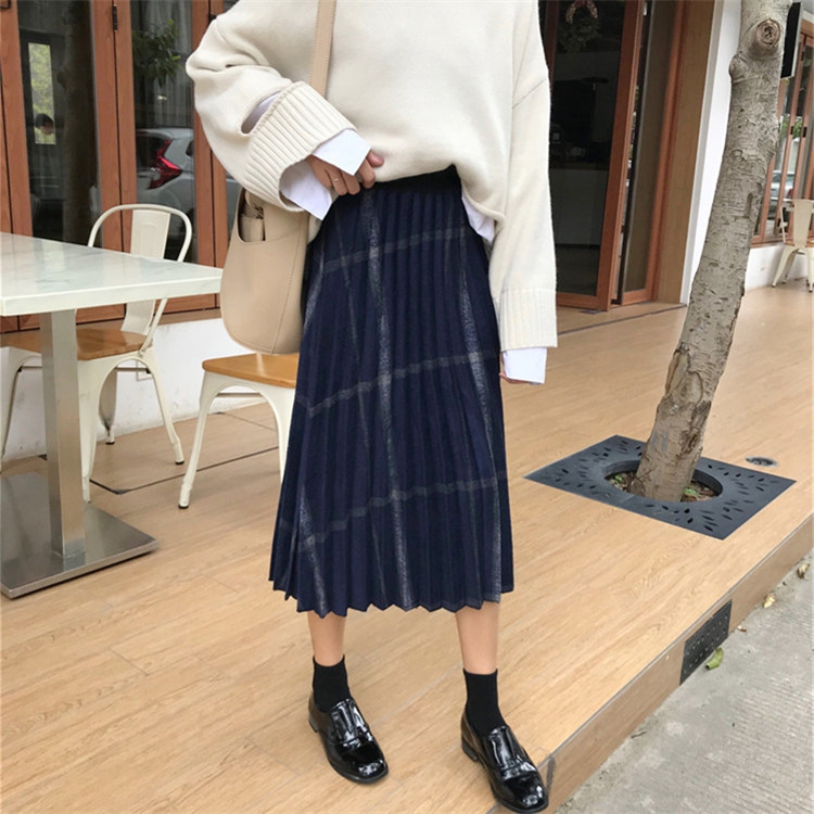 Check Banding Long Wool Pleated Pleated Skirt 2col