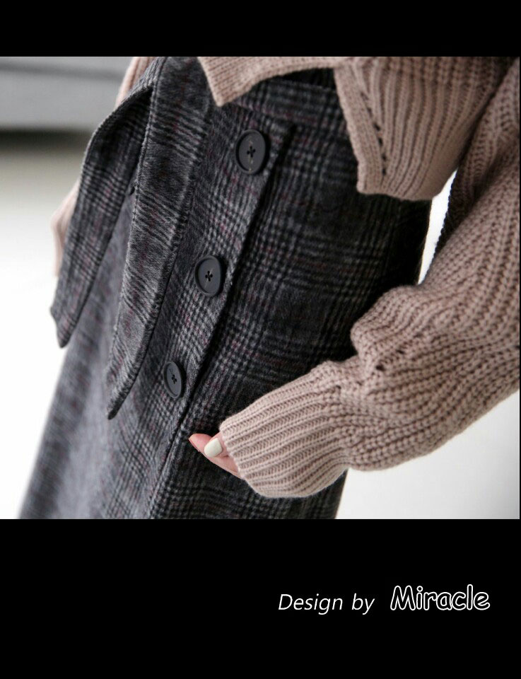 Wang Button Strap Belt Check Long Skirt 2color woo