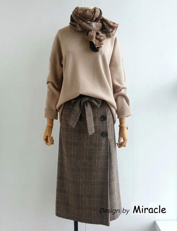 Wang Button Strap Belt Check Long Skirt 2color woo