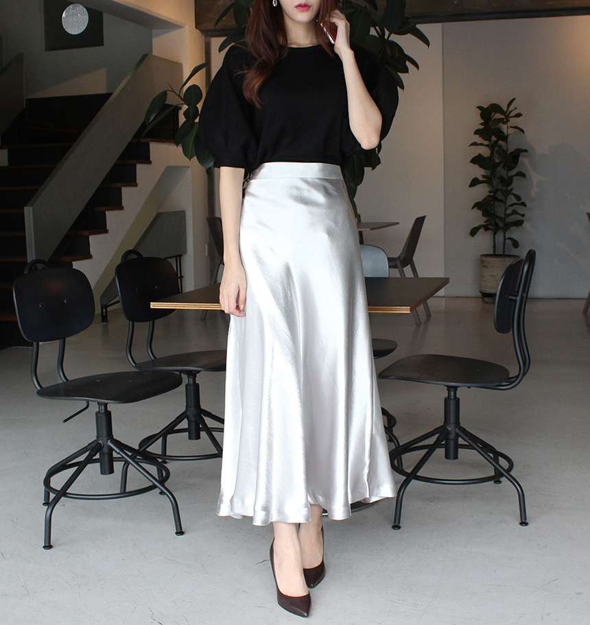 Silk Satin Flare Long Skirt Blue, Silver, Hepburn 