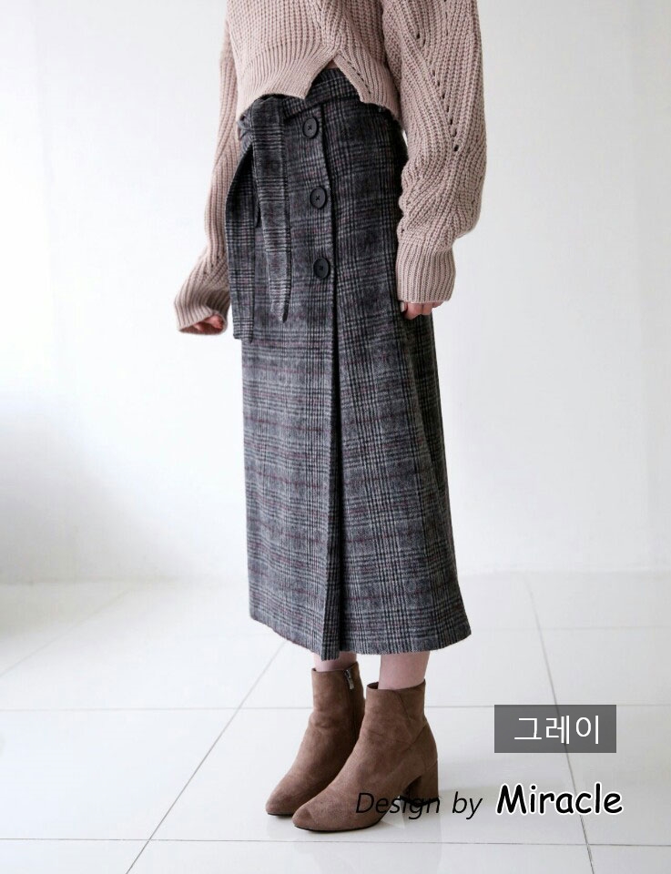 Wang Button Strap Belt Check Long Skirt 2color woo