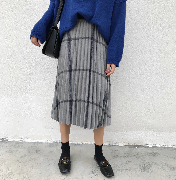 Check Banding Long Wool Pleated Pleated Skirt 2col