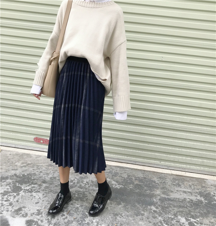 Check Banding Long Wool Pleated Pleated Skirt 2col