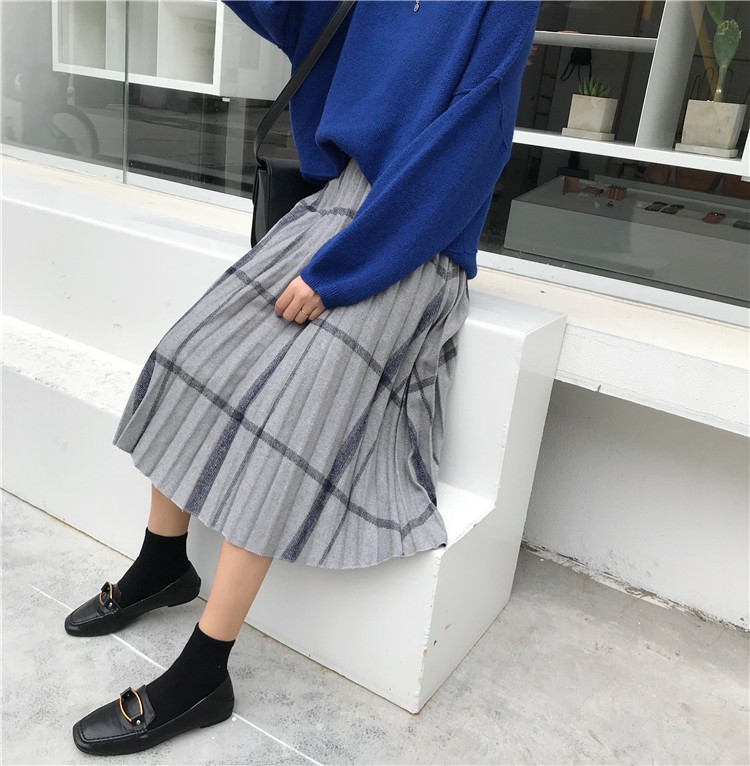 Check Banding Long Wool Pleated Pleated Skirt 2col