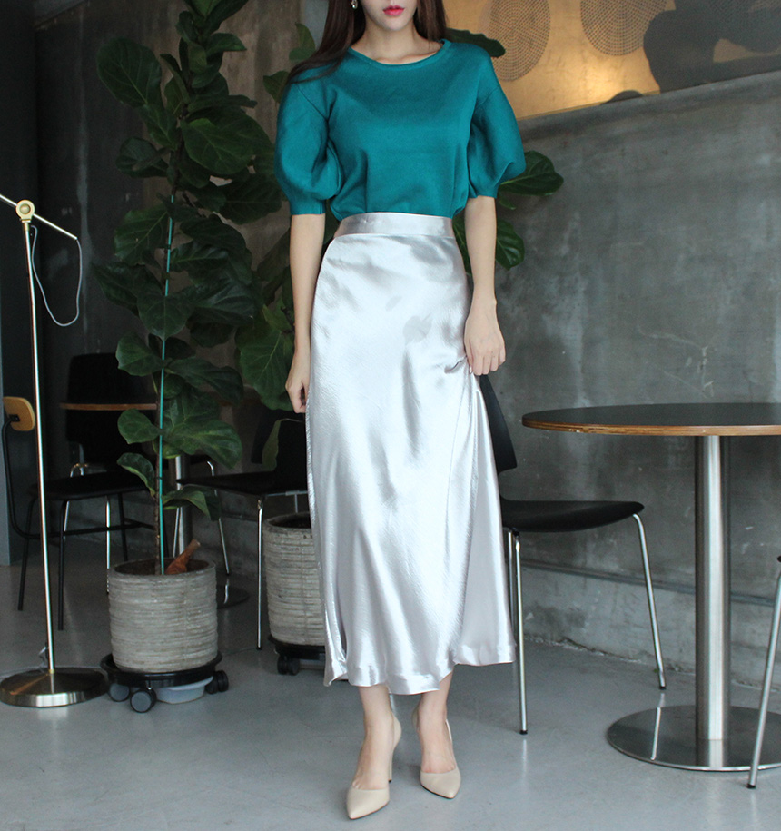 Silk Satin Flare Long Skirt Blue, Silver, Hepburn 