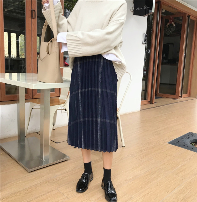 Check Banding Long Wool Pleated Pleated Skirt 2col