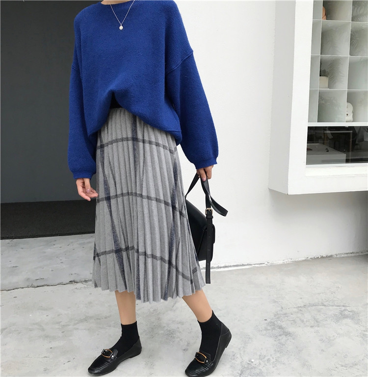 Check Banding Long Wool Pleated Pleated Skirt 2col