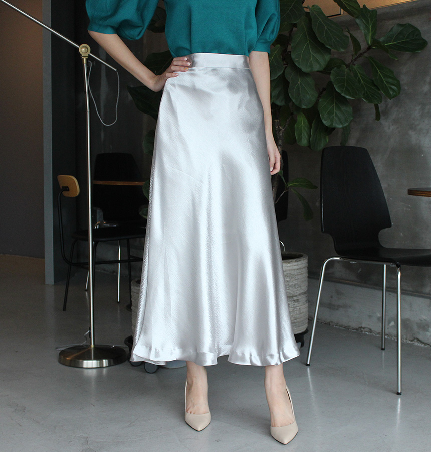 Silk Satin Flare Long Skirt Blue, Silver, Hepburn 