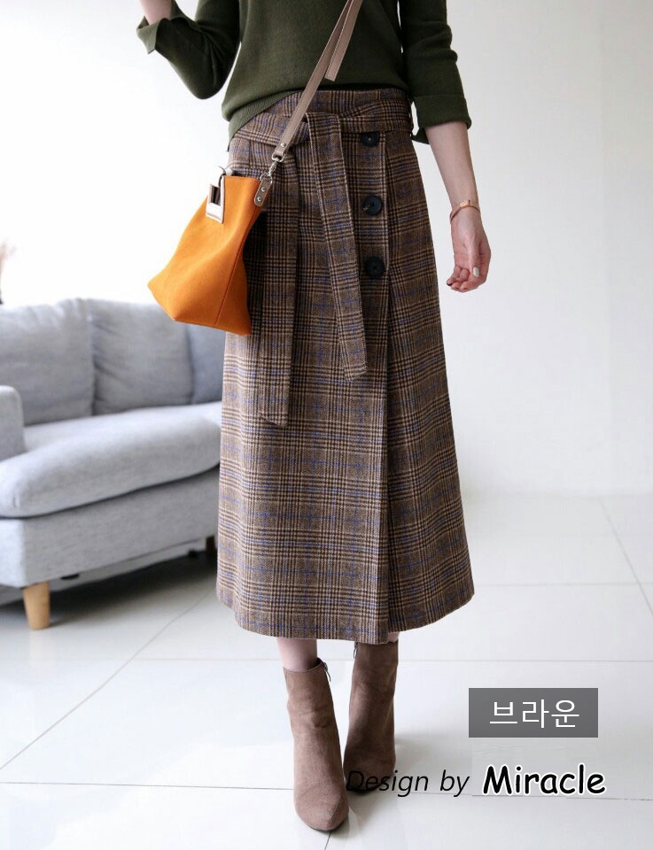Wang Button Strap Belt Check Long Skirt 2color woo
