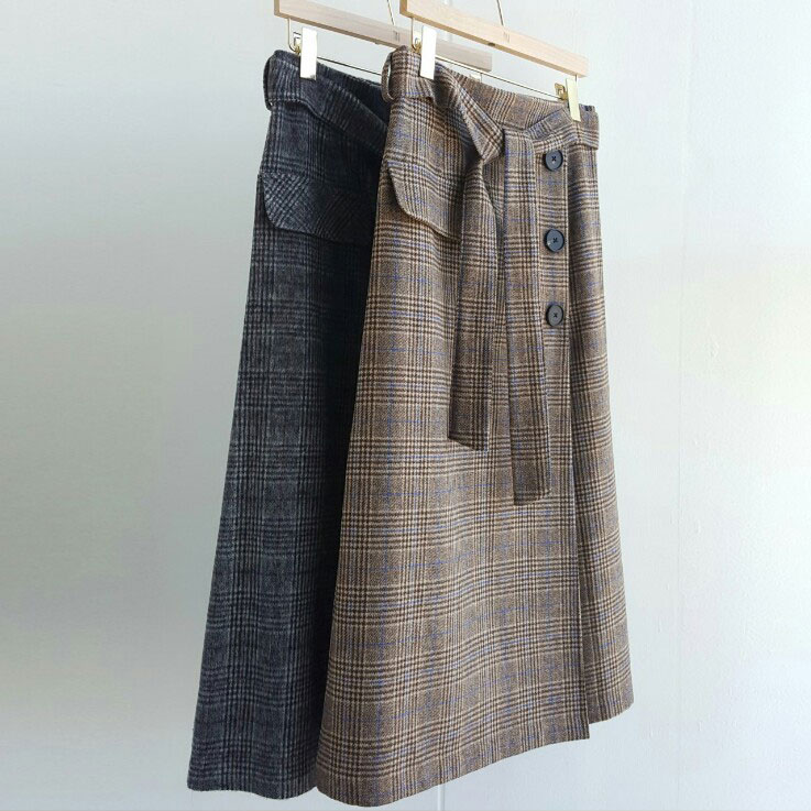 Wang Button Strap Belt Check Long Skirt 2color woo