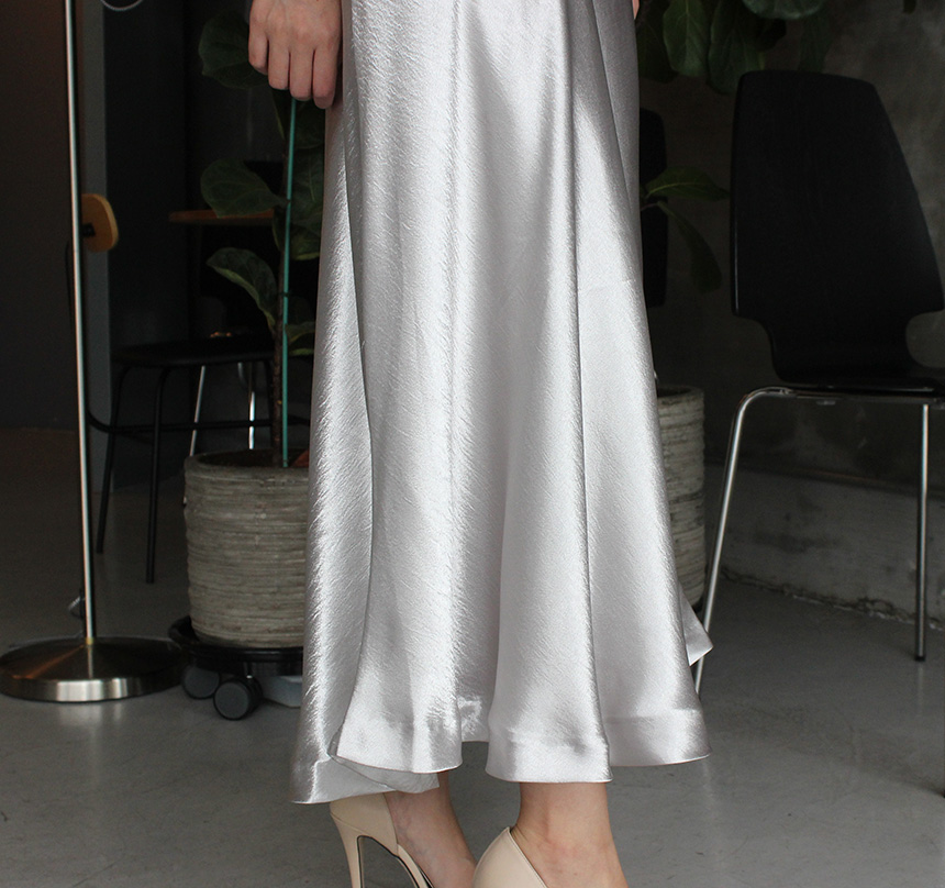 Silk Satin Flare Long Skirt Blue, Silver, Hepburn 