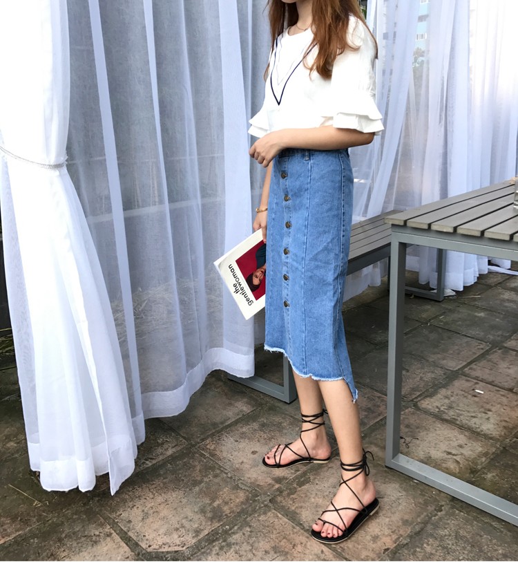 Button-denim long skirt Women's style Casual H-