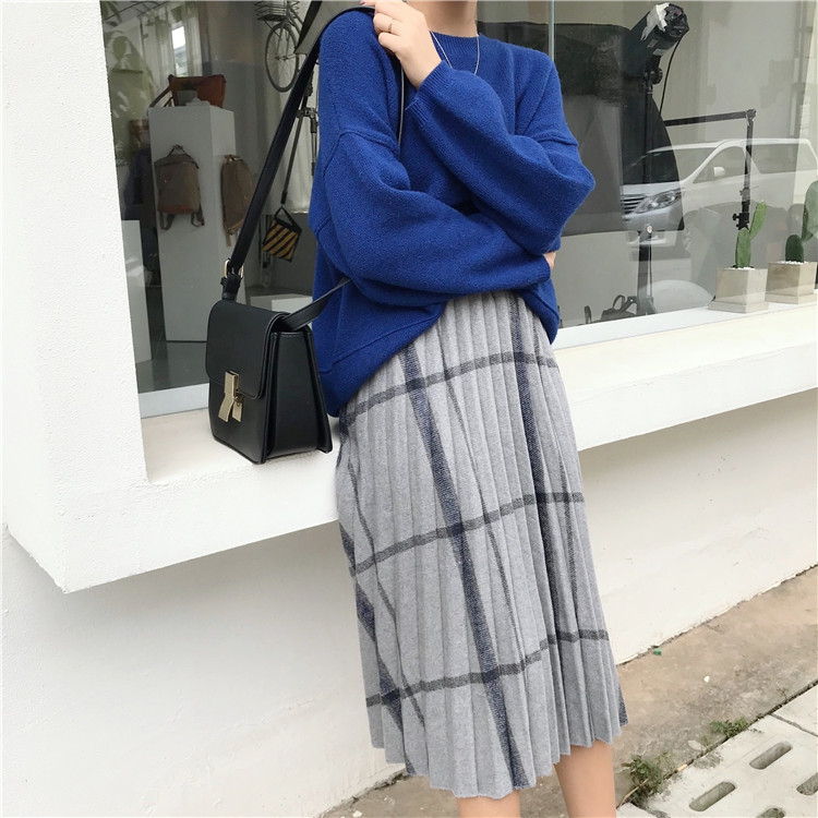 Check Banding Long Wool Pleated Pleated Skirt 2col