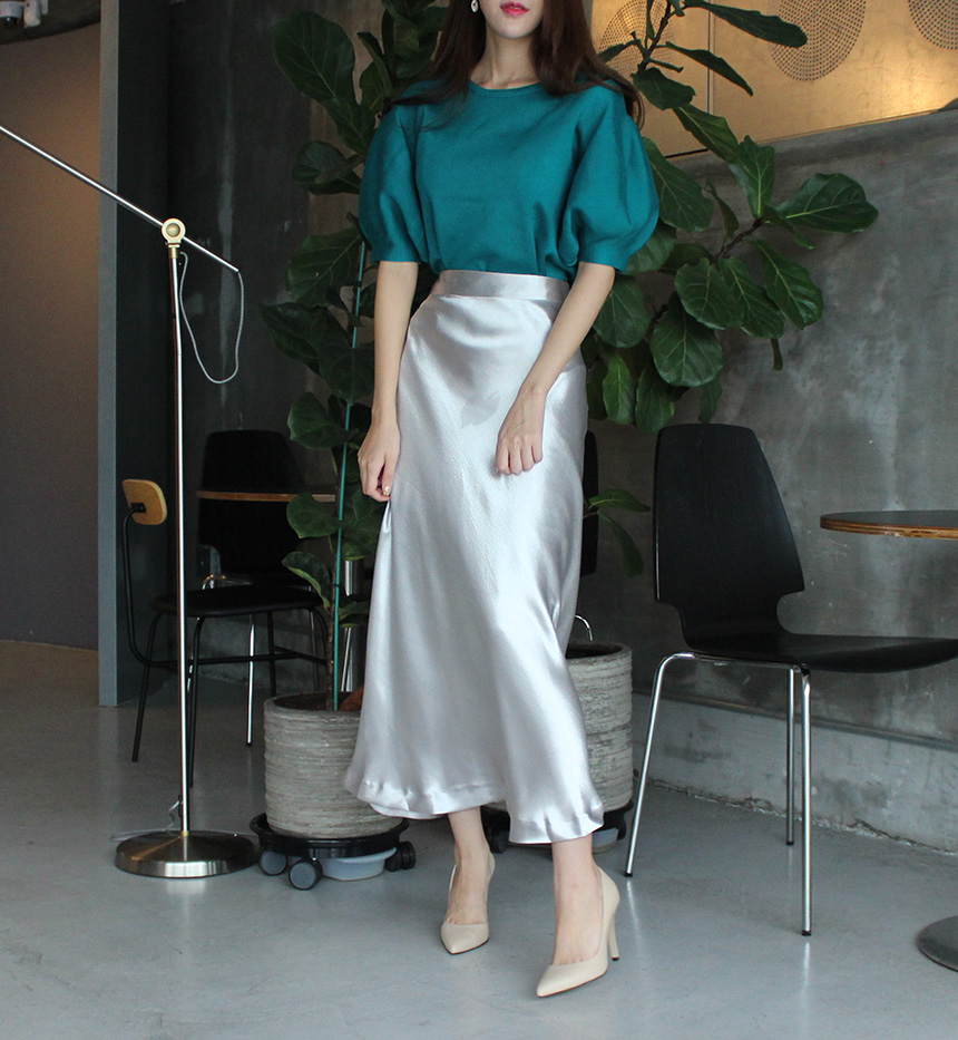 Silk Satin Flare Long Skirt Blue, Silver, Hepburn 
