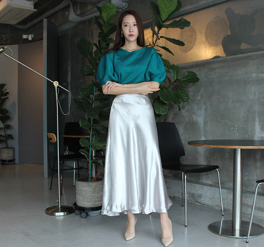 Silk Satin Flare Long Skirt Blue, Silver, Hepburn 