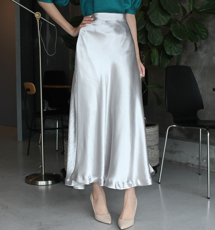 Silk Satin Flare Long Skirt Blue, Silver, Hepburn 