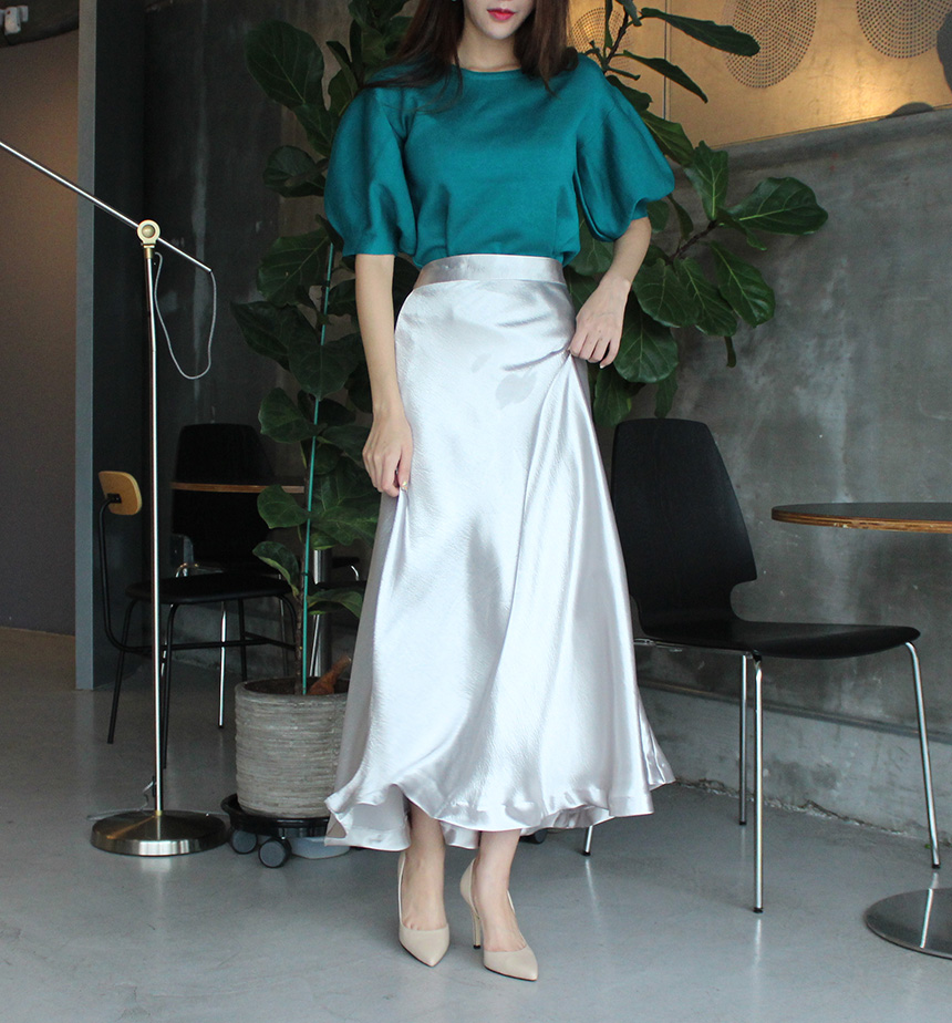 Silk Satin Flare Long Skirt Blue, Silver, Hepburn 