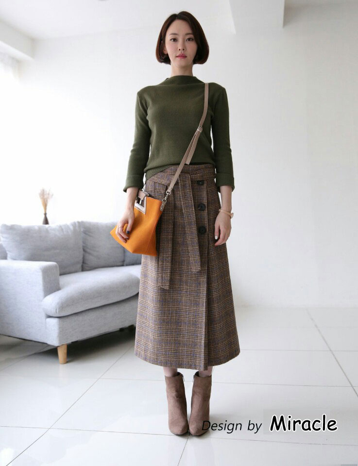 Wang Button Strap Belt Check Long Skirt 2color woo