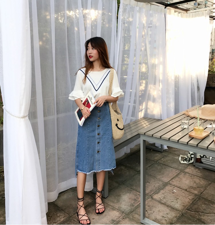 Button-denim long skirt Women's style Casual H-