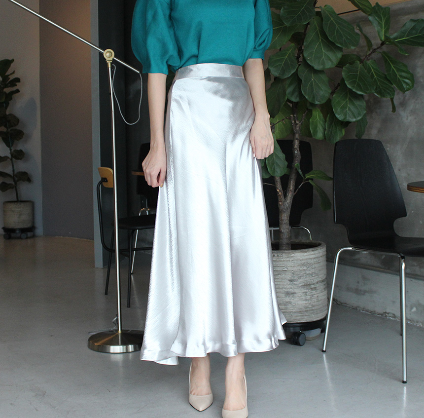Silk Satin Flare Long Skirt Blue, Silver, Hepburn 