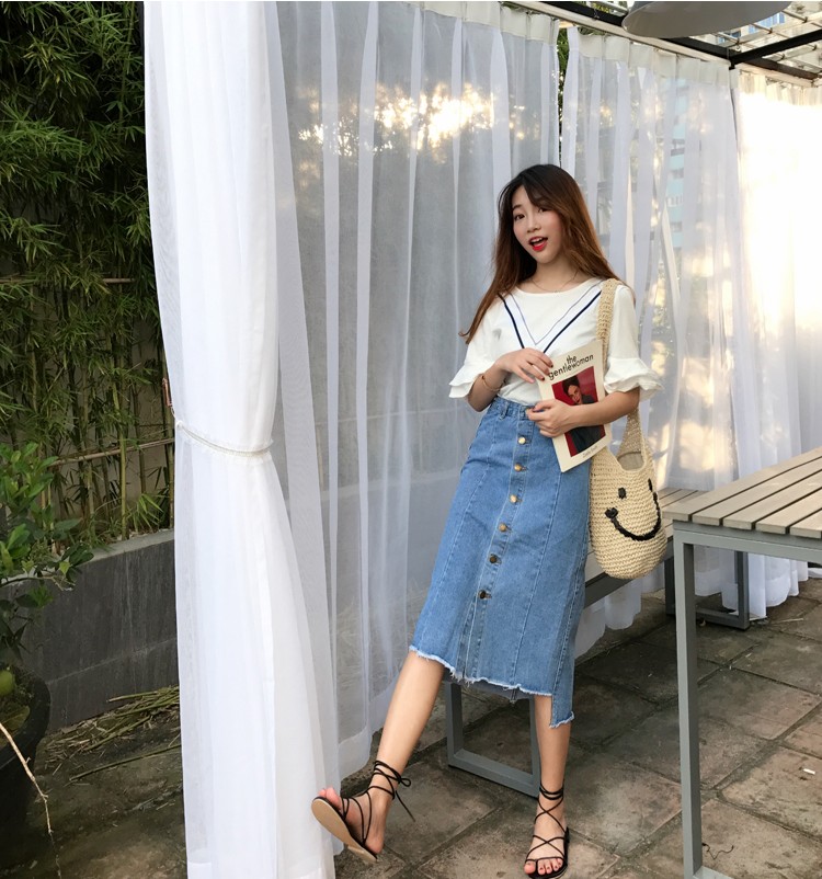 Button-denim long skirt Women's style Casual H-