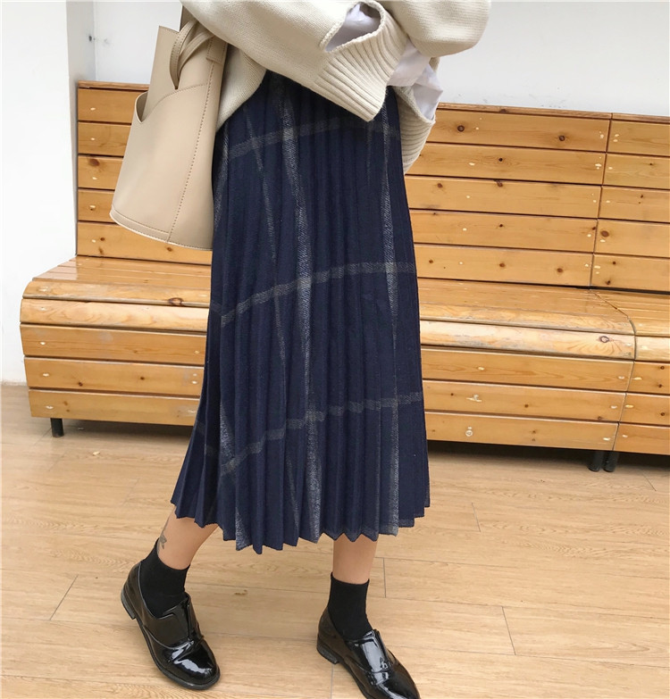 Check Banding Long Wool Pleated Pleated Skirt 2col