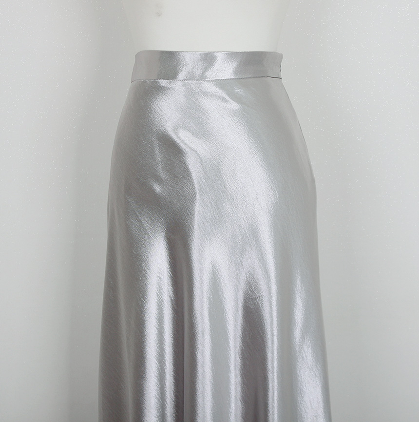 Silk Satin Flare Long Skirt Blue, Silver, Hepburn 