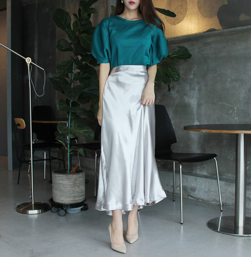 Silk Satin Flare Long Skirt Blue, Silver, Hepburn 