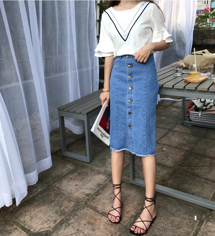 Button-denim long skirt Women's style Casual H-
