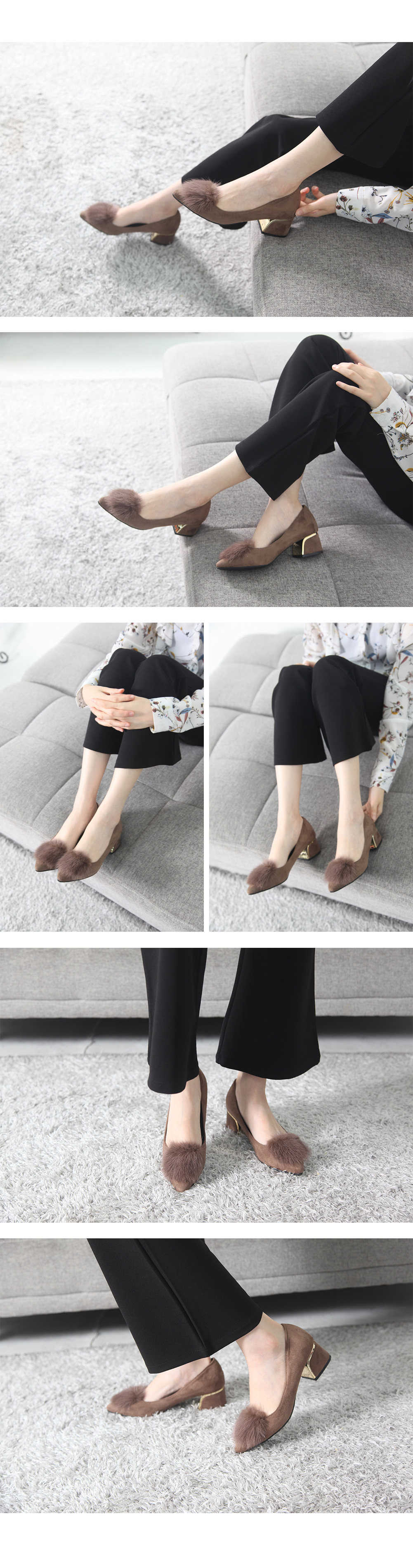 Mink Fur Suede Stiletto Mid Hill 5cm Shoes Pumps H