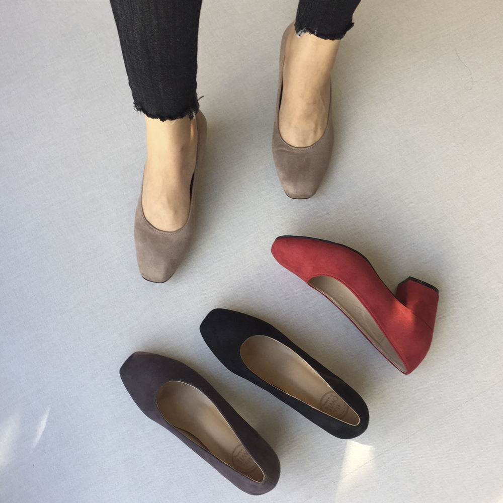 Square nose suede mid-heel pumps 6cm 4 color shoes