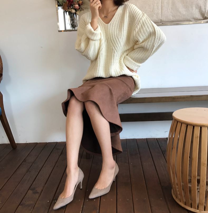 Suede frill Mommy bending long skirt 2color Brown 