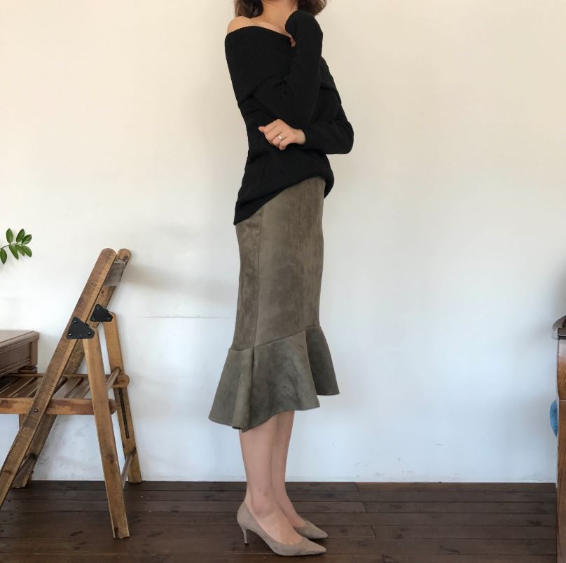 Suede frill Mommy bending long skirt 2color Brown 