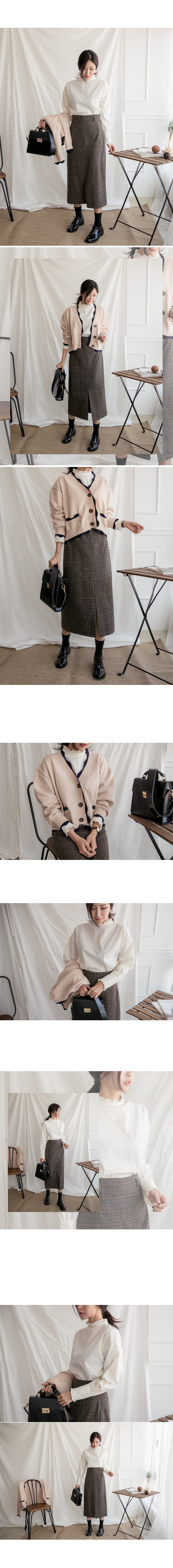 Feminine wool blend Check slit top skirt Long skir