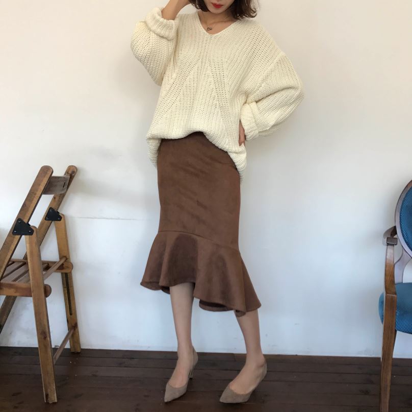 Suede frill Mommy bending long skirt 2color Brown 