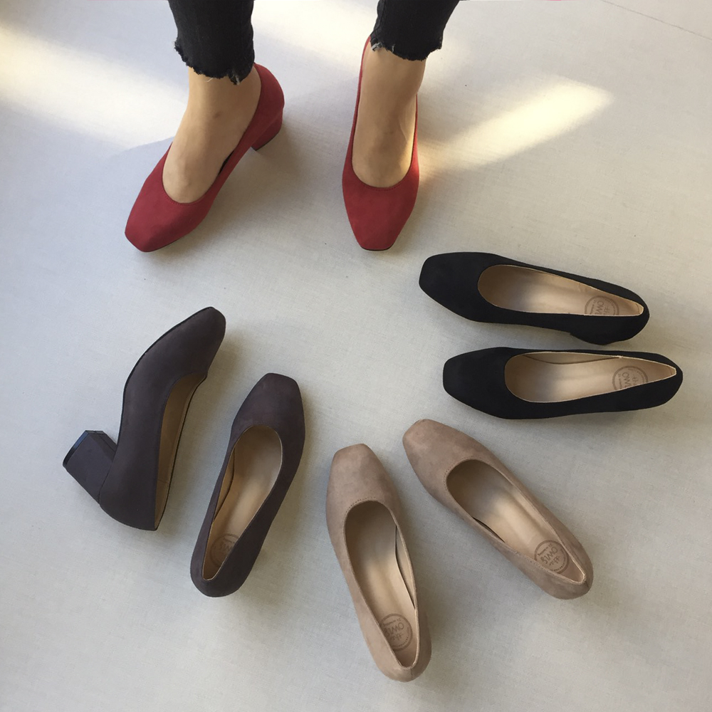 Square nose suede mid-heel pumps 6cm 4 color shoes
