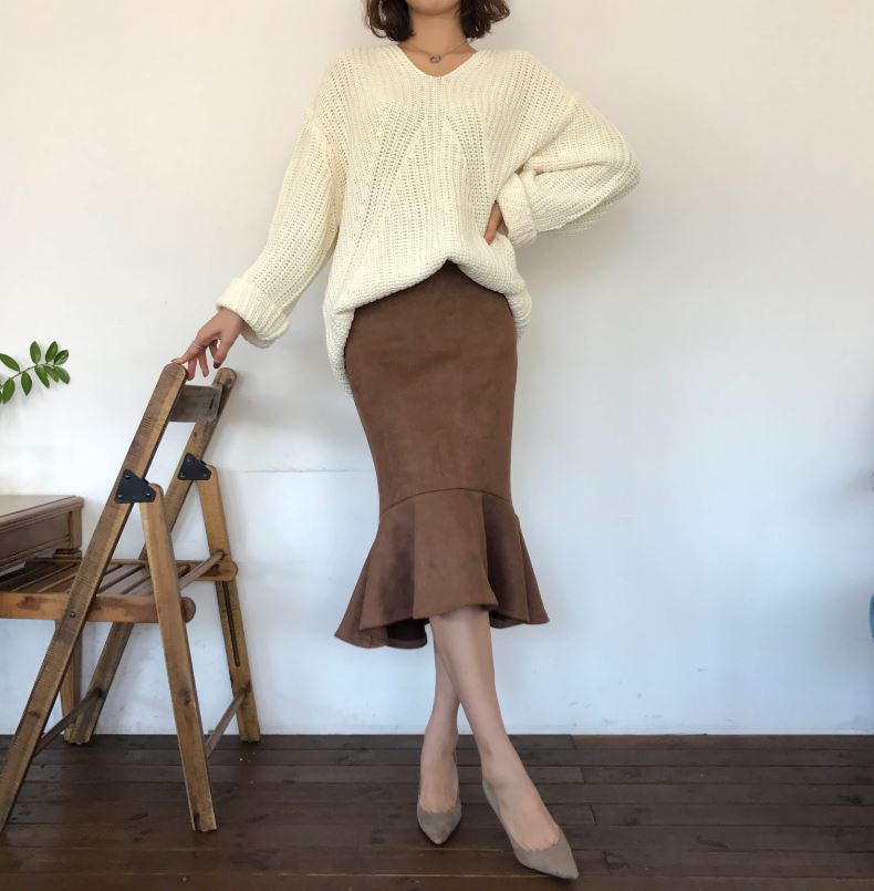 Suede frill Mommy bending long skirt 2color Brown 