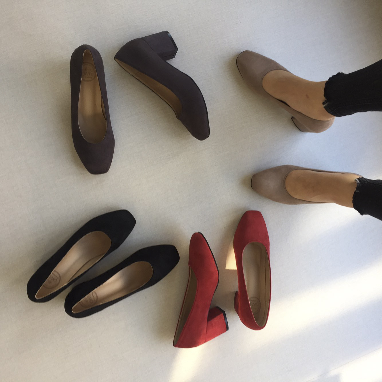 Square nose suede mid-heel pumps 6cm 4 color shoes