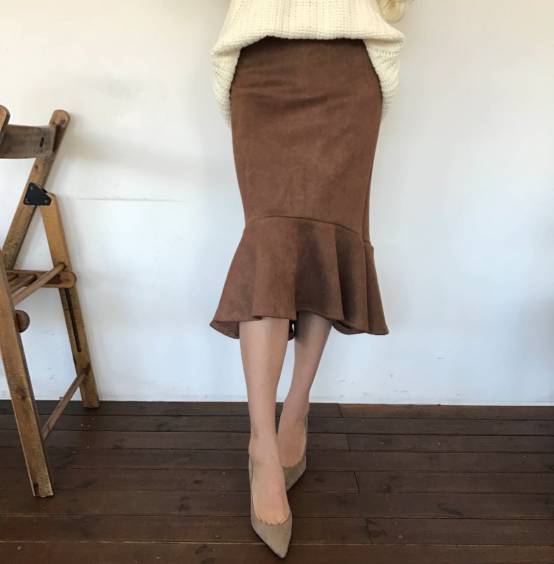 Suede frill Mommy bending long skirt 2color Brown 