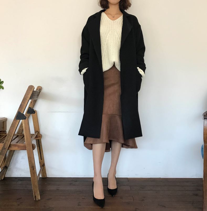 Suede frill Mommy bending long skirt 2color Brown 