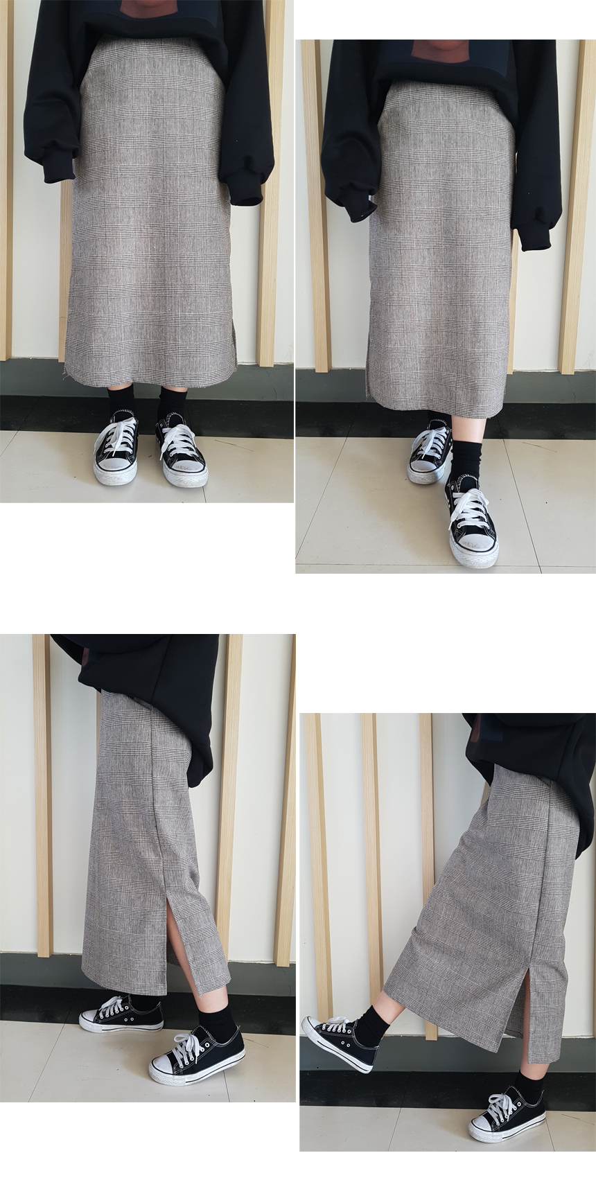 Latte Check Over Long Skirt Fall Slit Bending Pouc