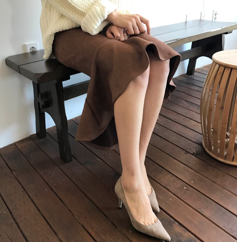 Suede frill Mommy bending long skirt 2color Brown 